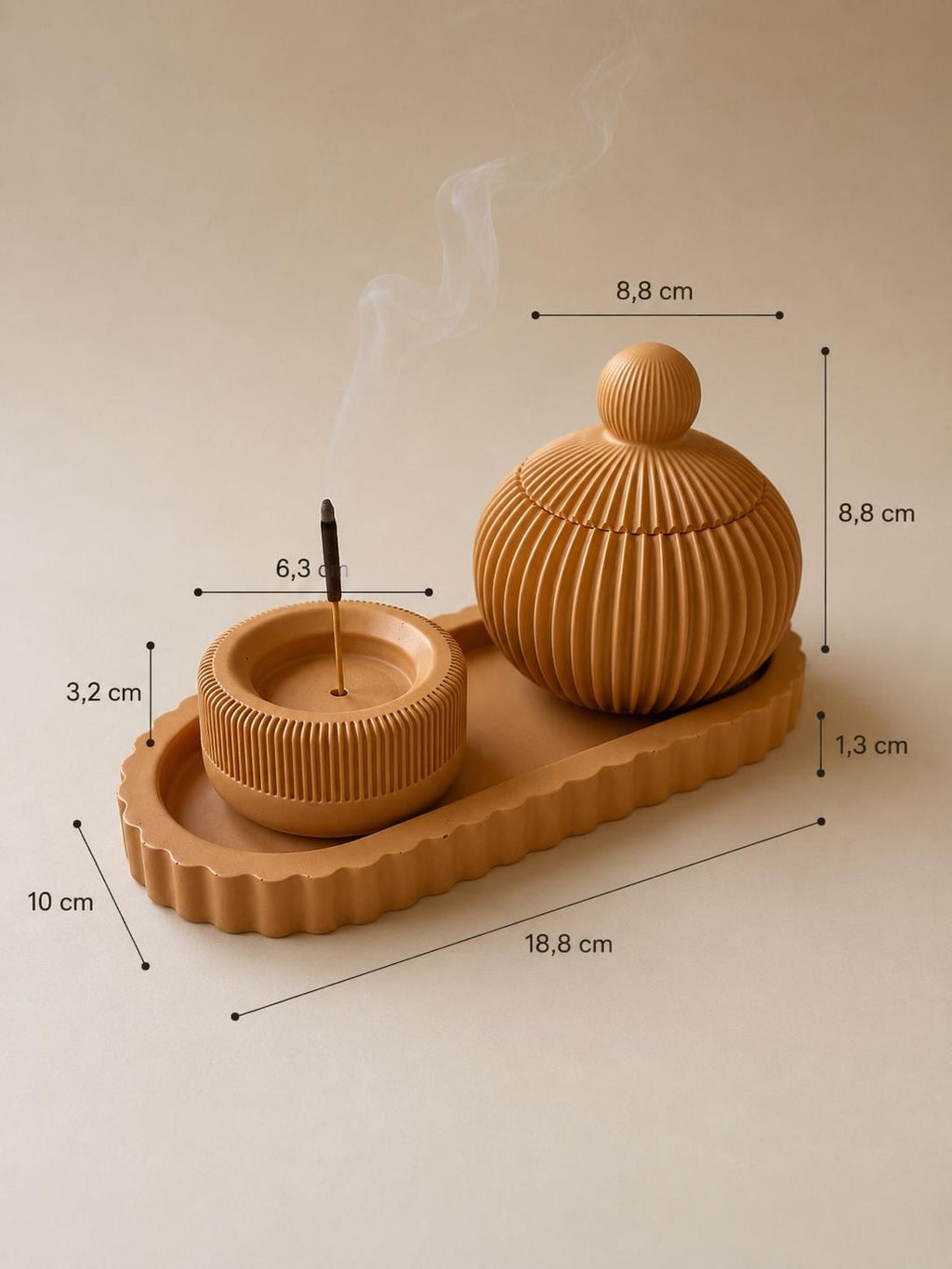 Set Ritual Cedar de Jesmonite | Bandeja, Porta Incienso y Bombonera Acanalada | Decoración Minimalista