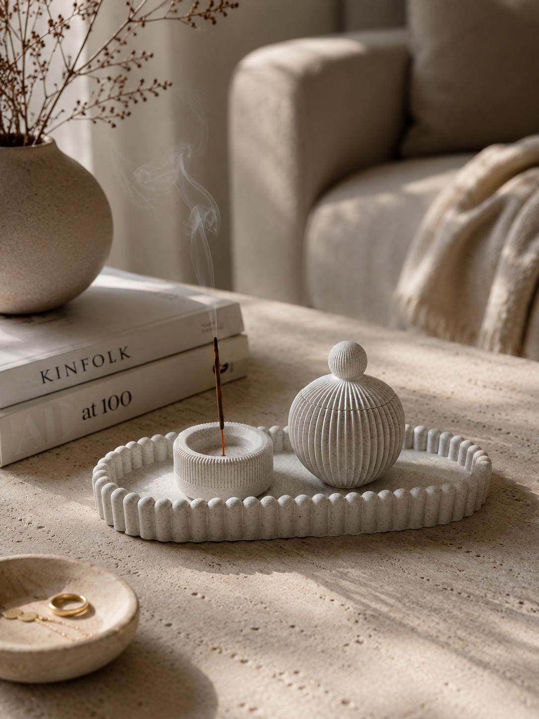 Conjunto Ritual | Bandeja Decorativa | Porta Incienso | Bombonera con Tapa | Decoración Minimalista