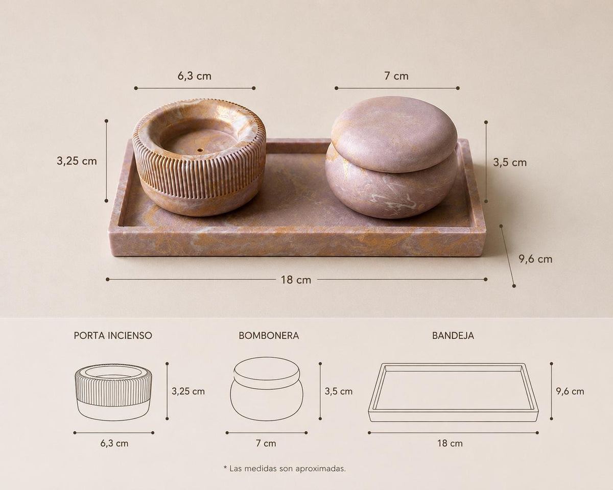 Lúa | Set Decorativo | Bandeja, Porta Incienso y Bombonera | Efecto Mármol